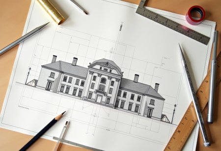 Architectural drawing of a house with a ruler and pencils