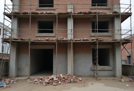 Construction progress of a three-story building with scaffolding and materials at a site during the dayの写真素材