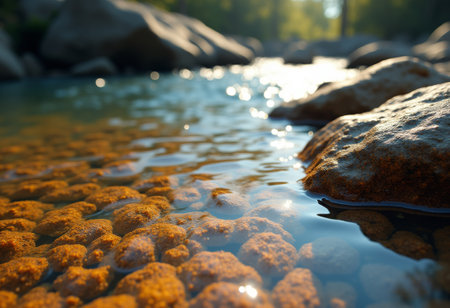 A tranquil river scene featuring clear water, smooth stones, and sunlit reflections in a serene natural settingの写真素材