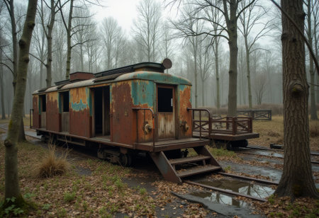 An abandoned train car sits on old tracks in a foggy forest, with rusty metal and peeling paint. The...