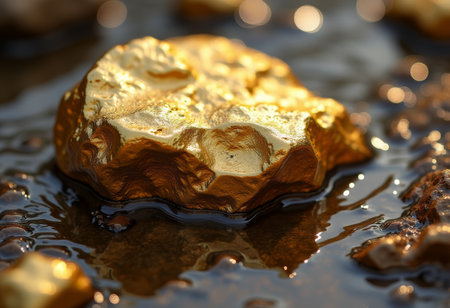 Shimmering golden rock resting in a shallow stream under natural sunlight during a tranquil afternoonの写真素材