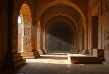Sunlight filters gently through the arches of an ancient temple corridor, illuminating intricate...