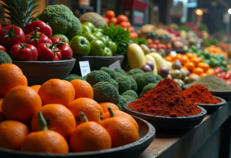 A bustling market showcases an array of fresh produce including oranges, tomatoes, apples, and spices, all illuminated by warm afternoon sunlight.の写真素材