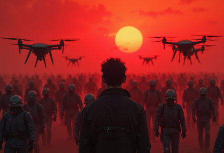 Amidst a surreal sunset, a solitary person stands in front of a marching army and hovering drones, suggesting a tense and mysterious atmosphere in a dystopian setting.の写真素材