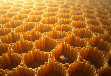 A detailed look at a honeycomb structure showcasing bees actively working among the hexagonal cells...