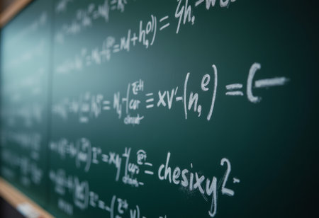Mathematical equations written in chalk on a green chalkboard in an educational classroom settingの写真素材