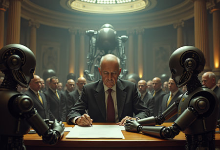 In a grand hall illuminated by natural light, a suited individual carefully signs a document while humanoid robots observe on either side, creating a stark contrast.の写真素材
