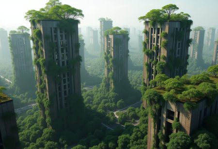 Towering structures covered in vibrant green vegetation depict an eco-friendly future where nature overcomes urban landscapes. The scene highlights harmony between architecture and environment.の写真素材