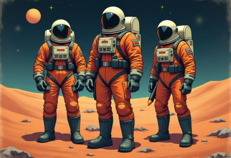 In a vivid Martian landscape, three astronauts wear orange suits and helmets, standing on rocky...
