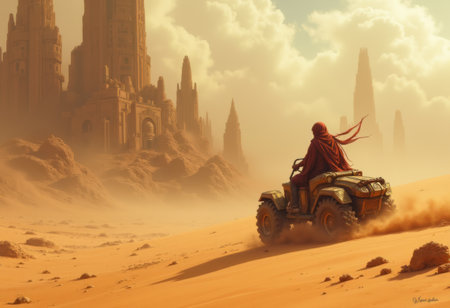 An individual in a red cloak navigates an ATV across golden sand dunes, heading towards towering ruins. The sky glows with warm hues as dusk settles.の写真素材