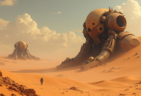 A solitary traveler explores an expansive sandy desert filled with massive, worn metal structures that rise dramatically against the horizon, creating a surreal contrast.の写真素材