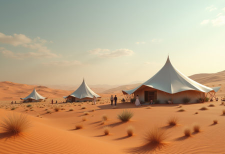 Tourists explore a sophisticated desert camp featuring large, elegant tents against the backdrop of golden sand dunes as the sun sets.の写真素材