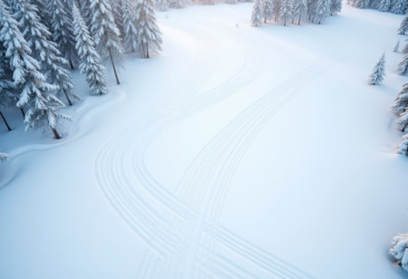 Winter landscape showing fresh ski tracks winding through a snowy forest in the early morning lightの写真素材
