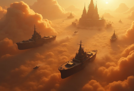 Battleships traverse a surreal sea of golden clouds, approaching a magnificent castle silhouetted against a vibrant sunset, creating a dreamlike atmosphere.の写真素材