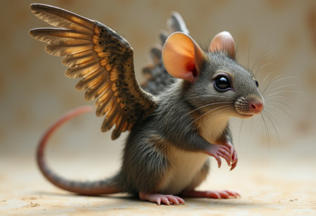 A charming creature resembling a mouse with delicate wings stands upright, capturing attention with its unique combination of features in a whimsical environment.の写真素材