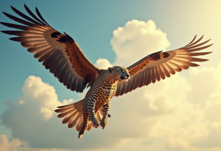 This captivating creature soars through the air, blending the elegance of a leopard with majestic wings. The clouds glow beautifully in the background during sunset.の写真素材