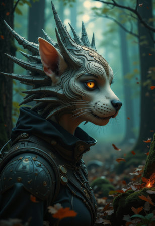 The creature gazes intently through the misty woods, adorned with intricate details on its face and wearing a dark cloak. Surrounding foliage adds an enchanting atmosphere.の写真素材