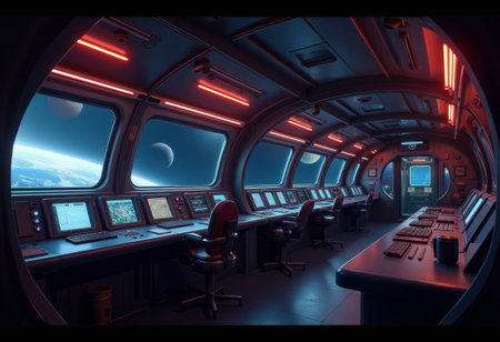 A sleek command center features multiple high-tech consoles and chairs, bathed in soft neon...