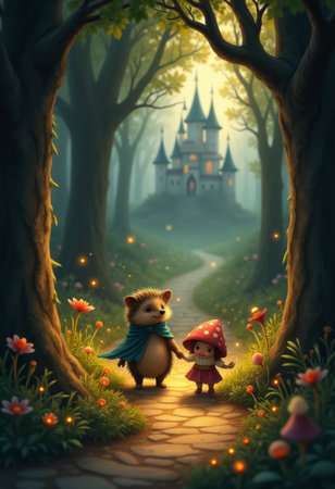 Cute little hedgehog and a little girl in a magical forest