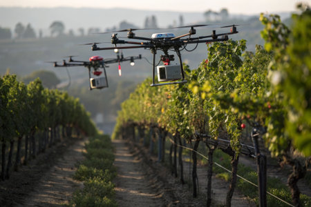 In a picturesque vineyard, drones navigate through rows of grape vines, gathering data for crop...