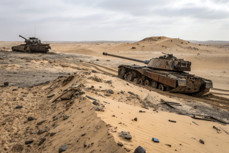 Two military tanks navigate a barren desert terrain under a cloudy sky, showcasing the stark conditions of an active conflict zone.の写真素材