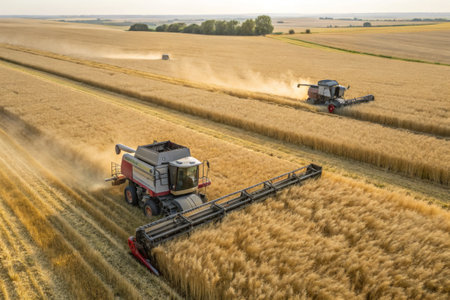 Two combine harvesters work diligently in golden wheat fields during sunset, showcasing the beauty...