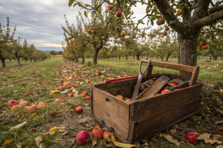 A rustic wooden crate rests on the ground among fallen apples in an orchard. Trees laden with ripe...