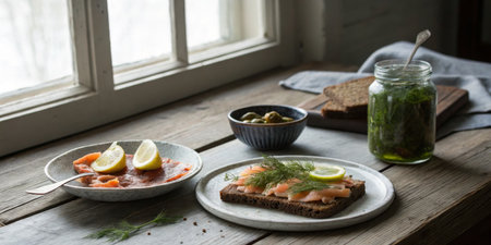 Freshly prepared open-faced sandwiches featuring smoked salmon and garnished with lemon sit on a rustic wooden table beside pickled vegetables and olives, with natural light streaming in.の素材