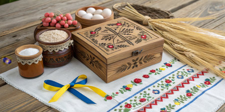 A beautifully crafted wooden box filled with decorative designs sits on a rustic table alongside eggs, flour, and a bunch of wheat. Colorful embroidery enhances the setting.の素材