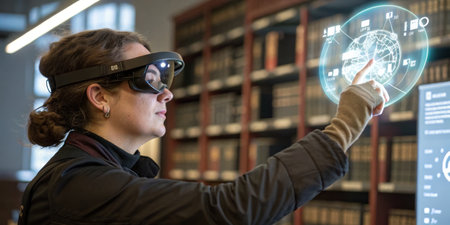 A woman is engaged in an innovative interaction with an augmented reality interface while exploring a library. Her focus is on a holographic globe as she points at it.の素材