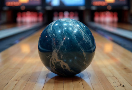 A vibrant blue bowling ball sits on polished wooden lanes waiting for a player to take a shot in a modern bowling alley filled with ambient lighting.の素材