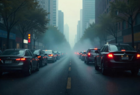 Cars are lined up along a city street shrouded in mist during the evening. The urban environment is highlighted by tall buildings and soft light from nearby signs.の素材