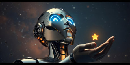 A highly detailed robot stands with an outstretched hand, cradling a bright, glowing star. The backdrop features a deep cosmic scene filled with stars and nebulae, emphasizing a sense of wonder.の素材