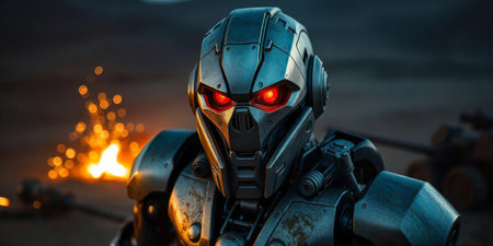 A metallic robot with bright red eyes stands confidently on a desolate landscape, surrounded by sparks and smoke, suggesting a recent battle. The twilight sky enhances the dramatic setting.の素材
