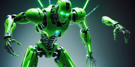 A striking green robot stands in a dramatic pose, illuminated by vibrant green lights. Its intricate design features a blend of metal and futuristic technology, suggesting energy and agility.の素材