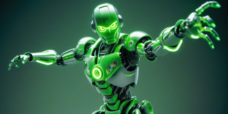 A robotic figure stands in a dynamic pose, emphasizing its sleek, futuristic design. The robot features a vibrant green color scheme and showcases advanced technology in its construction.の素材