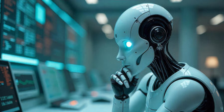 A humanoid robot with glowing blue eyes is deep in thought while examining multiple screens filled with complex data in a modern control room environment.の素材