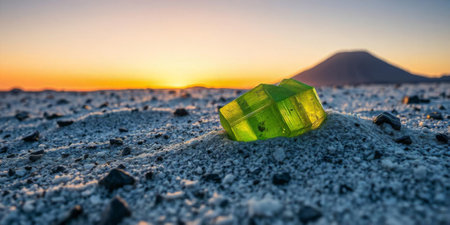A striking green mineral crystal sits atop a bed of white salt, illuminated by a vibrant sunset. In the background, a silhouette of a volcano completes the stunning view.の素材