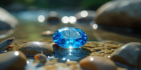 A large blue gemstone glimmers as it rests among smooth pebbles in a serene stream. Bright sunlight creates a vibrant reflection, enhancing the natural beauty around.の素材
