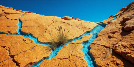A vast cracked earth landscape showcases deep fissures filled with blue water streams. A resilient green plant emerges, thriving under the clear blue sky, highlighting nature's perseverance.の素材