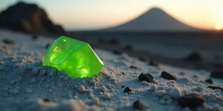 A vibrant green crystal rests on the sandy ground, illuminated by the setting sun. A distant mountain looms in the background, creating a stunning contrast with the foreground.の素材