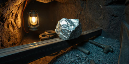 Inside a dimly lit mine, a rock specimen is placed on a wooden beam beside a glowing lantern. The atmosphere is filled with the mystery of mining activities.の素材