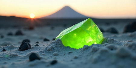 A vibrant green crystal sits on the sandy surface, glowing softly as the sun sets behind a prominent mountain in the background, casting a warm light on the scene.の素材