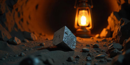 A metallic block is positioned on rough terrain inside a dark cave. The warm glow of a lantern illuminates the surroundings, creating an atmospheric setting.の素材