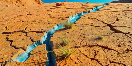 A stark desert area features cracked earth with a vivid blue stream running through it. Small green plants are scattered, showcasing resilience in harsh conditions.の素材