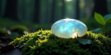 A translucent gem rests on vibrant green moss in a tranquil forest. The late afternoon sun filters through the trees, illuminating the gem and enhancing the ethereal ambiance.の素材