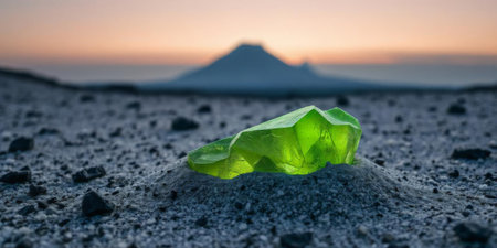 A glowing green crystal rests on a sandy landscape as the sun sets behind a distant mountain. The contrasting colors create a striking visual effect, captivating observers.の素材