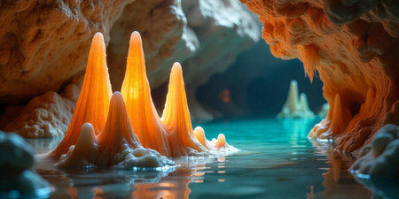 Brightly colored stalactites jut out from the surface of a serene underground pool, creating an enchanting atmosphere within the cave's depths. Natural light enhances their striking features.の素材