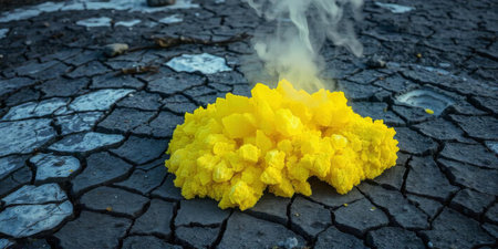 A vibrant yellow sulfur deposit releases steam while sitting atop a dry, cracked earth surface in a geothermal region, showcasing the unique geothermal activity and mineral formations.の素材