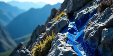 Clear blue water gently cascades over rugged rocks, surrounded by lush greenery and towering mountains under a clear sky. The serene natural beauty is captivating.の素材